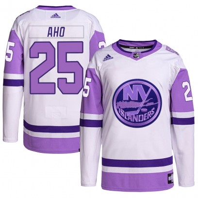 Men's Authentic New York Islanders Sebastian Aho Adidas Hockey Fights Cancer Primegreen Jersey - White/Purple