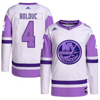 Men's Authentic New York Islanders Samuel Bolduc Adidas Hockey Fights Cancer Primegreen Jersey - White/Purple