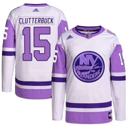 Men's Authentic New York Islanders Cal Clutterbuck Adidas Hockey Fights Cancer Primegreen Jersey - White/Purple