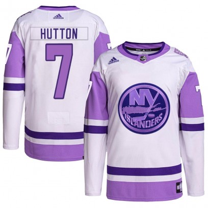 Men's Authentic New York Islanders Grant Hutton Adidas Hockey Fights Cancer Primegreen Jersey - White/Purple