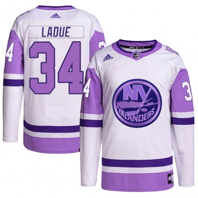 Men's Authentic New York Islanders Paul LaDue Adidas Hockey Fights Cancer Primegreen Jersey - White/Purple