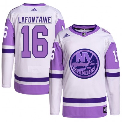 Men's Authentic New York Islanders Pat LaFontaine Adidas Hockey Fights Cancer Primegreen Jersey - White/Purple