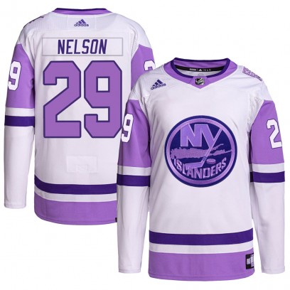 Men's Authentic New York Islanders Brock Nelson Adidas Hockey Fights Cancer Primegreen Jersey - White/Purple