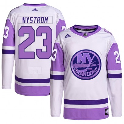 Men's Authentic New York Islanders Bob Nystrom Adidas Hockey Fights Cancer Primegreen Jersey - White/Purple