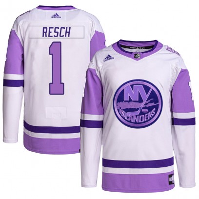 Men's Authentic New York Islanders Glenn Resch Adidas Hockey Fights Cancer Primegreen Jersey - White/Purple
