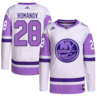 Men's Authentic New York Islanders Alexander Romanov Adidas Hockey Fights Cancer Primegreen Jersey - White/Purple