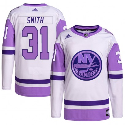 Men's Authentic New York Islanders Billy Smith Adidas Hockey Fights Cancer Primegreen Jersey - White/Purple
