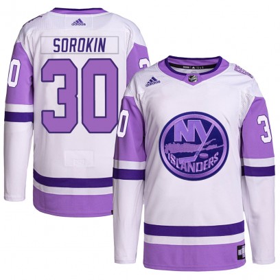 Men's Authentic New York Islanders Ilya Sorokin Adidas Hockey Fights Cancer Primegreen Jersey - White/Purple