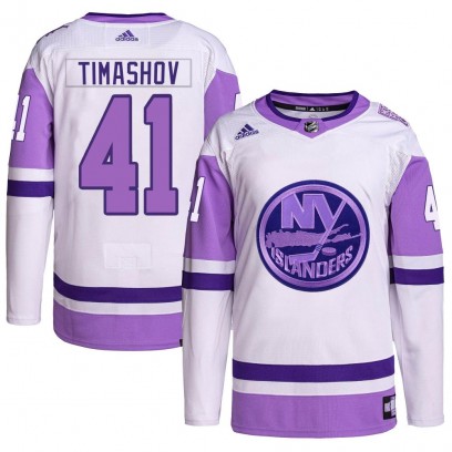 Men's Authentic New York Islanders Dmytro Timashov Adidas Hockey Fights Cancer Primegreen Jersey - White/Purple