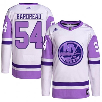 Youth Authentic New York Islanders Cole Bardreau Adidas Hockey Fights Cancer Primegreen Jersey - White/Purple