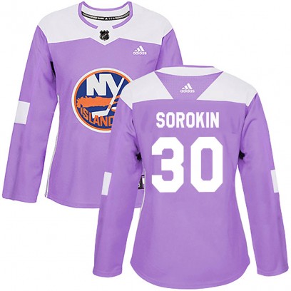 Women's Authentic New York Islanders Ilya Sorokin Adidas Fights Cancer Practice Jersey - Purple